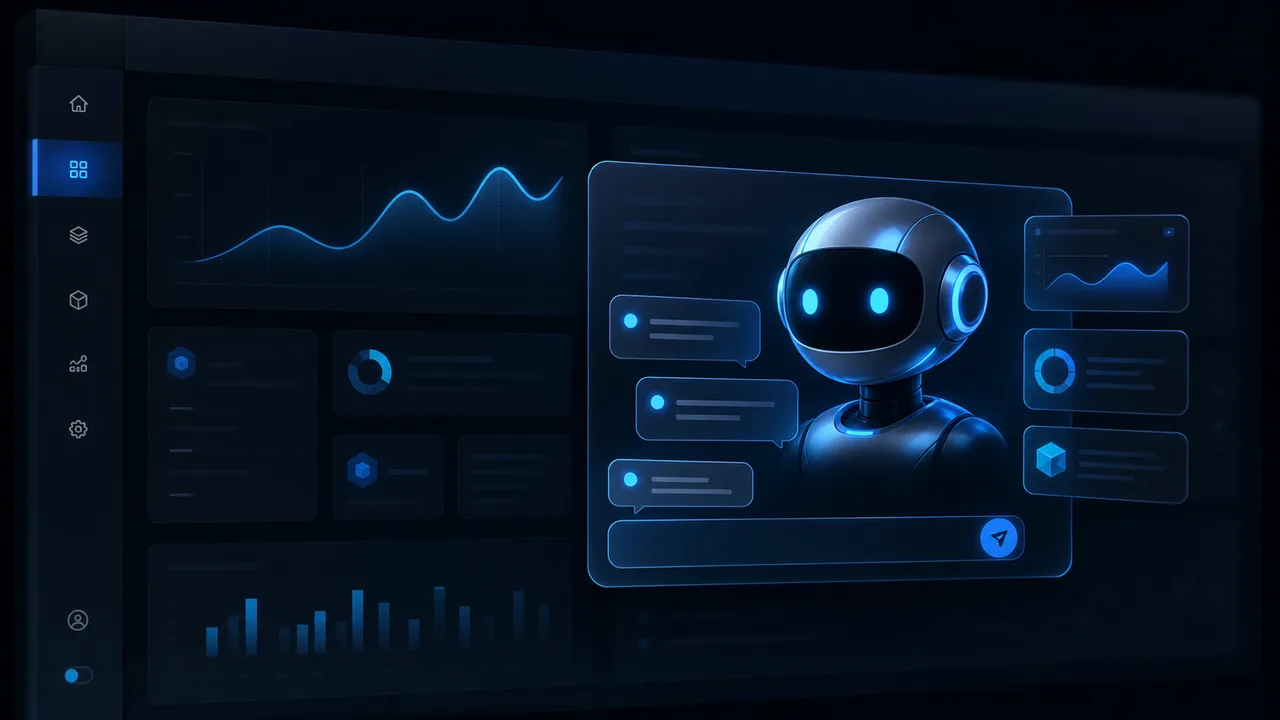 KI-Chatbot Interface im dunklen Business-Dashboard